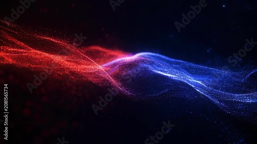 Abstract digital waves composed of red and blue glowing particles crossing each other