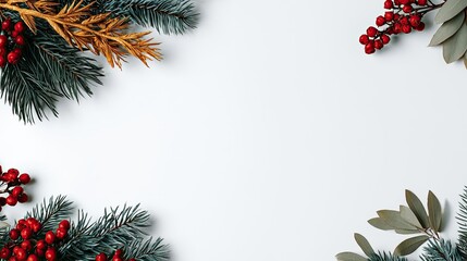 Festive holiday greenery with red berries and gold accents on white