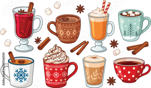 Cuadro en lienzo Cozy winter hot drinks collection set with cocoa coffee mulled wine marshmallows