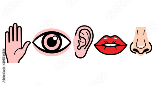 фотографія Five human senses icons set, flat vector illustration of eye, ear, nose, lips an