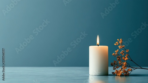 A single white candle burns beside a dried floral branch on a blue background