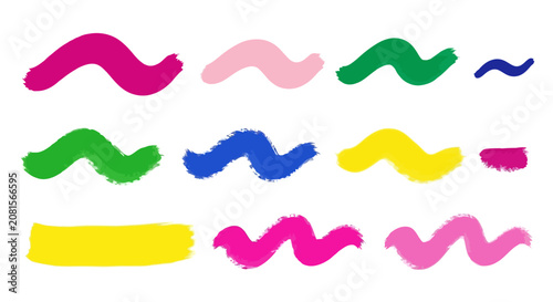 Colorful paint brush strokes set, vibrant wavy ink lines and hand drawn artistic smears, 11 vector paint textures for creative graphic design