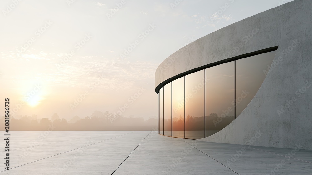 Fototapeta premium Minimalist concrete structure with expansive glass facade at sunrise