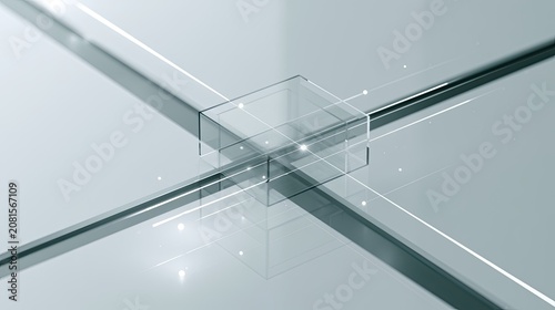 Abstract crystal cube intersected by glowing geometric lines on a light background