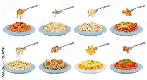 Foto Delicious pasta dishes, Italian food icons, vector meal illustrations, 8 plates