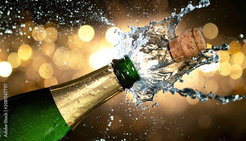 Champagne bottle exploding with cork flying out, celebratory bokeh background.