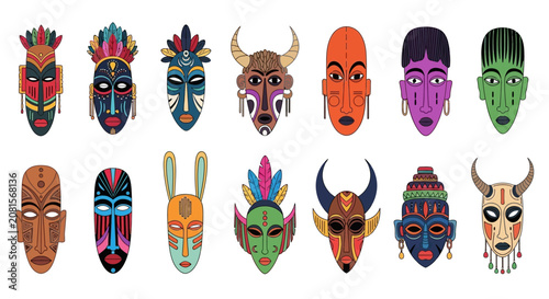 Obraz na płótnie Vibrant tribal masks, colorful ethnic faces, 12-piece vector set, decorative hea