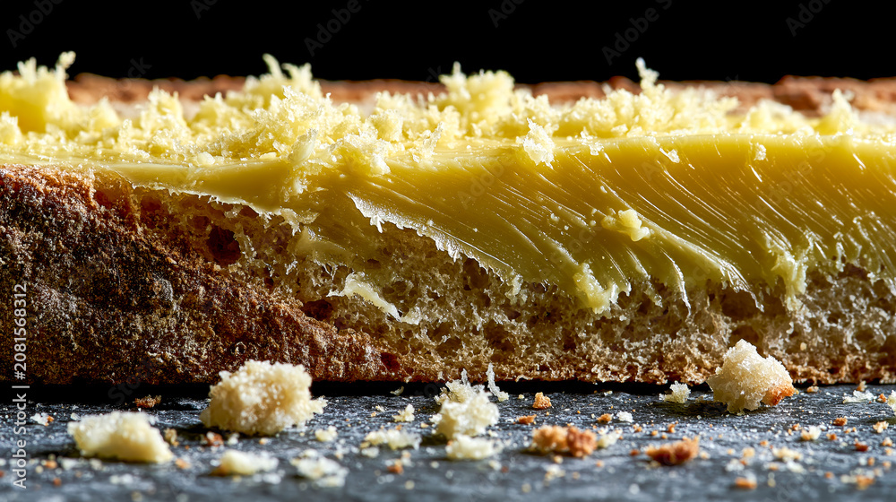 Fototapeta premium Extreme macro view of a slice of sourdough bread spread with a thick layer of green butter on a dark stone background