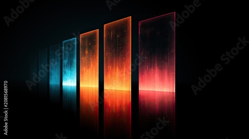 Glowing panels of light in spectrum of colors on reflective surface