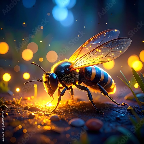 A bee illuminated by glowing lights on the ground