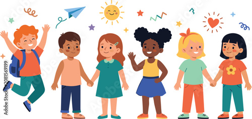 Fotografie Diverse group of happy cartoon children holding hands jumping back to school cel