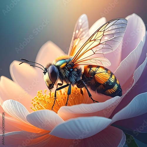 A close-up of a bee on a pink flower with sunlight