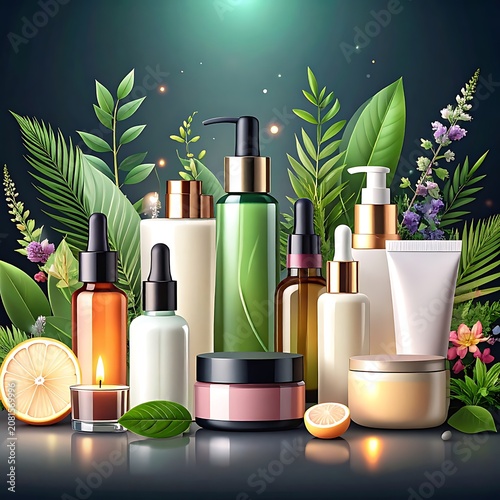 A collection of skincare products surrounded by green leaves and flowers (2)