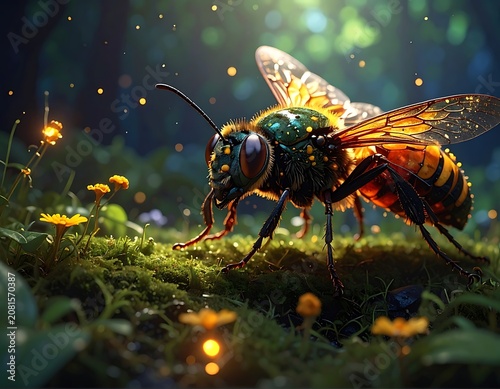 A colorful bee on moss with flowers and sparks