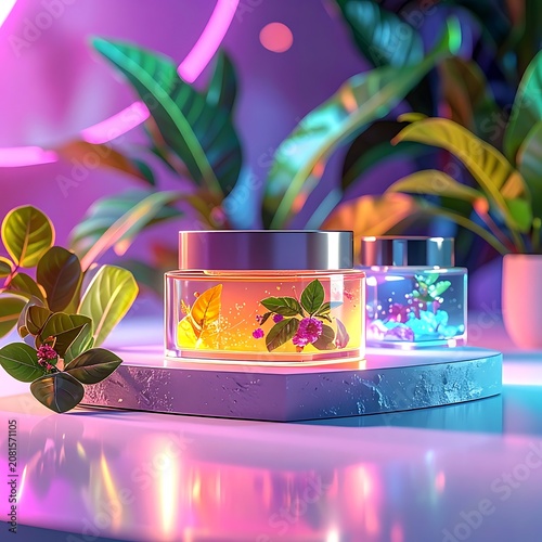 A colorful still life of glowing jars on a decorative base