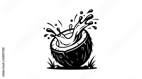 Black and white hand drawn coconut splash illustration.