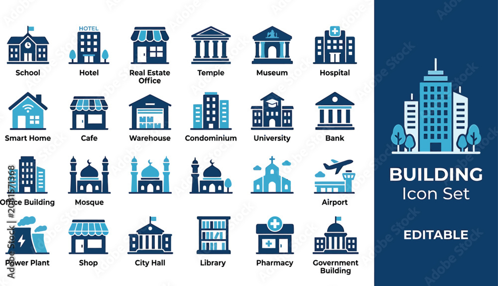 Obraz premium Buildings collection displays various architectural structures including schools, hospitals, and airports in a blue monochrome style.