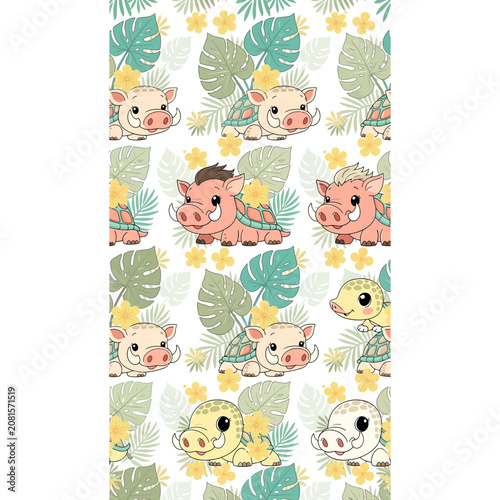 Cute cartoon warthogs and turtles with tropical leaves