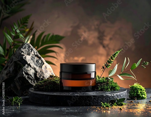 A dark amber jar on a stone pedestal surrounded by plants