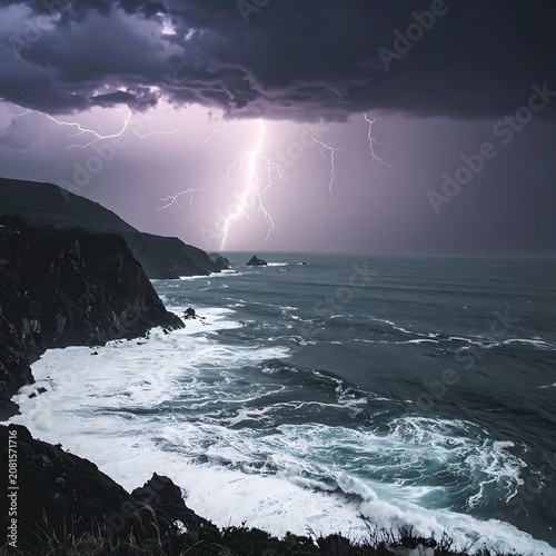 A dark and stormy seascape with lightning