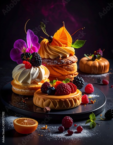 A dark-themed dessert display with pastries and fruits (1)