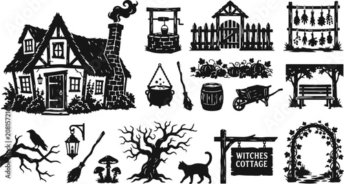 Photos Happy halloween vector set witch's cottage spooky elements and black cat illustr