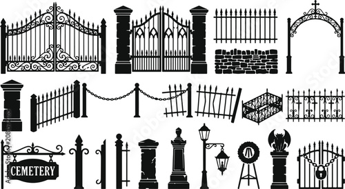 Cuadro en lienzo Spooky halloween cemetery gates and fences silhouettes for a happy halloween