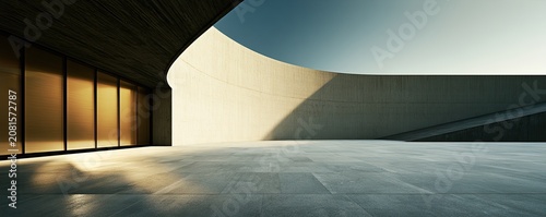 Modern architectural courtyard with curved walls, large windows, and concrete flooring