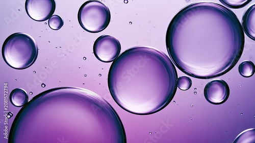 Abstract macro of translucent purple spheres and tiny bubbles against a gradient background