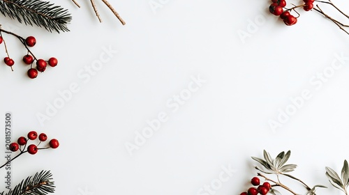 Festive winter branches with red berries and evergreen sprigs arranged on white