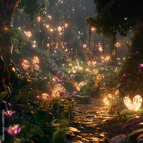 Magical forest trail aglow with luminous blooms and enchanting lights in a whimsical natural setting