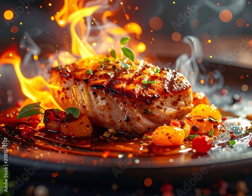 A flaming grilled chicken breast on a sizzling pan