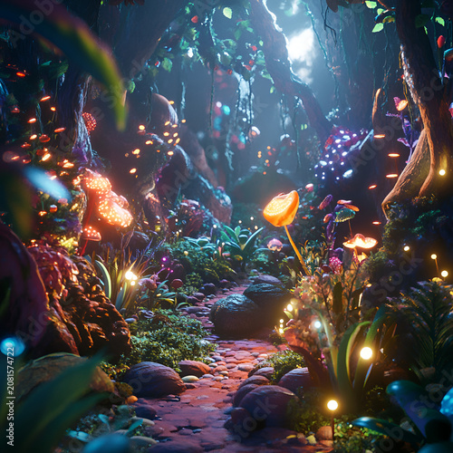 Magical forest trail illuminated by radiant plants creating an enchanting ambiance in gentle light