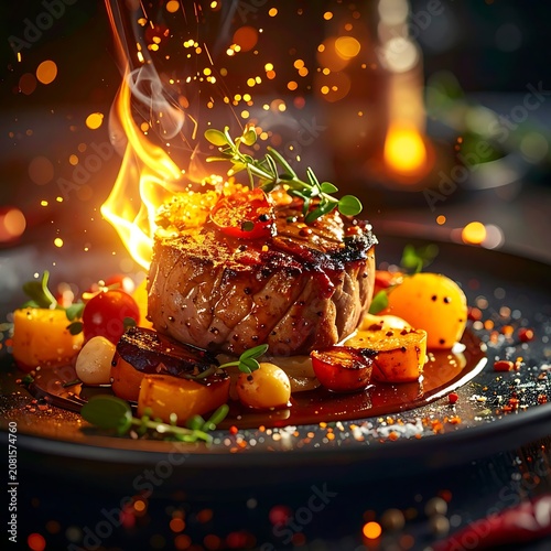 A flaming gourmet dish on a plate with herbs and vegetables