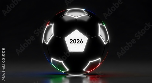 Glowing black soccer ball with 2026 logo