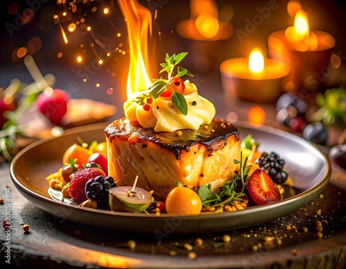A flaming piece of food on a plate with berries and herbs
