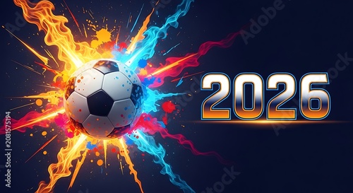 Soccer ball explosion with 2026 text dynamic sports illustration