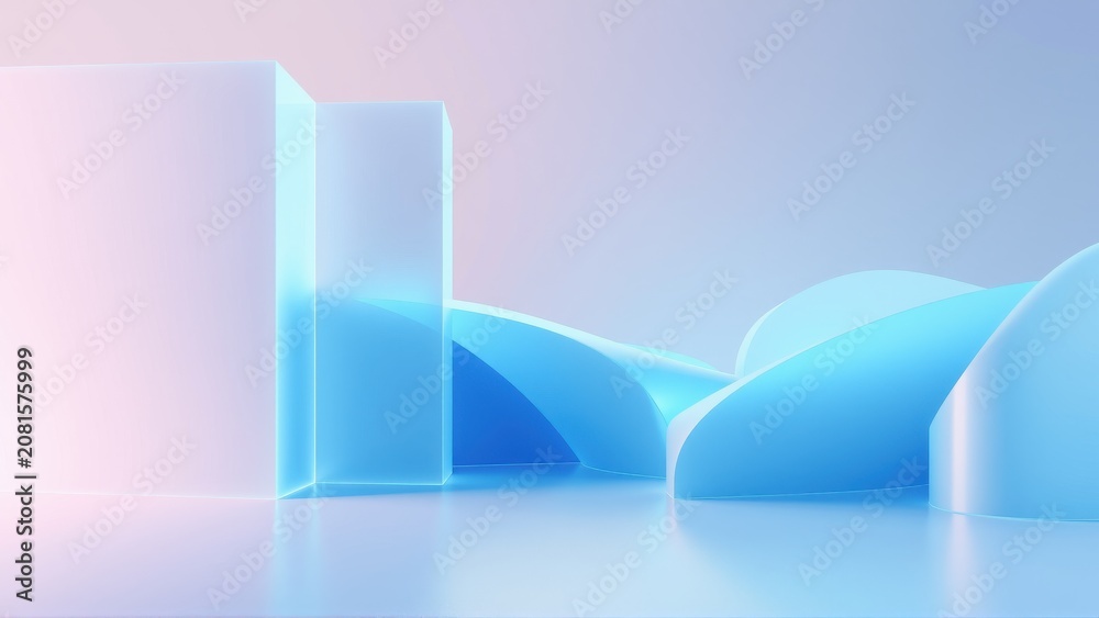 Fototapeta premium Abstract geometric shapes, soft pastel colors, smooth gradients. Minimalist composition, light reflections, modern design aesthetic.
