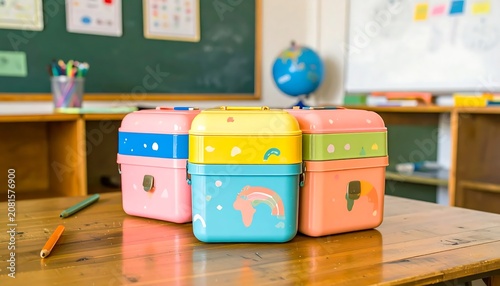 Colorful stacked lunch boxes on a classroom desk.
