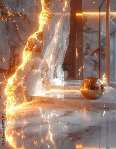 A futuristic room with a glowing orange light on a marble floor
