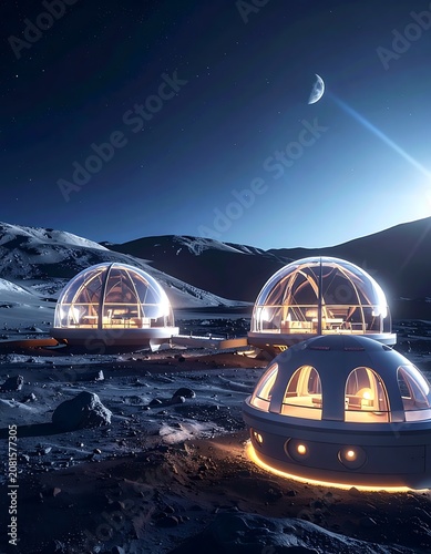 A futuristic scene with glowing domes on a rocky terrain under a night sky