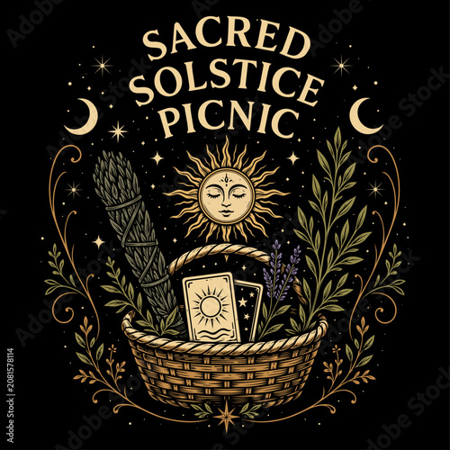 Sacred Solstice Picknick mit Räucherbündel und Ritualkorb als Litha Vektor Illustration
