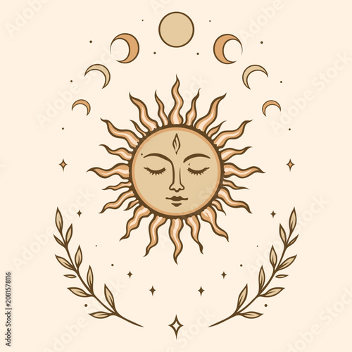 Boho Sonne mit Mondphasen als spirituelle Vektor Illustration