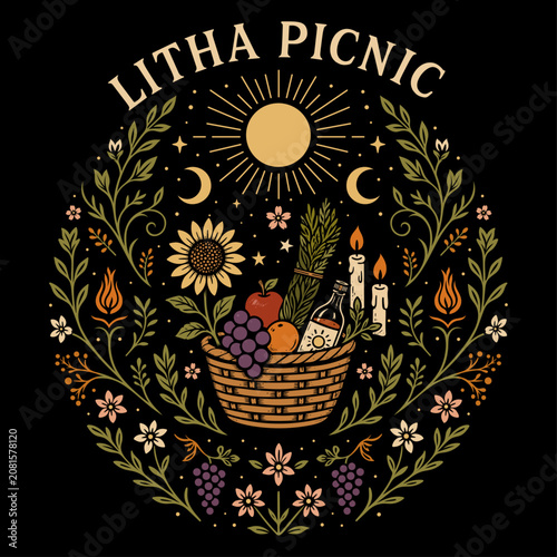 Litha Picknick mit Sonnenblume und Erntekorb als Mittsommer Vektor Illustration