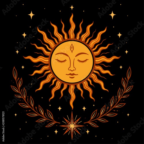 Boho Sonne mit Sternen und floralen Elementen als dekorative Vektor Illustration