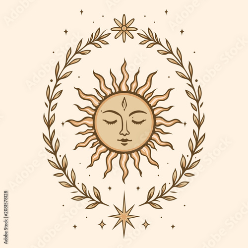 Boho Sonne im floralen Kranz als dekorative Vektor Illustration