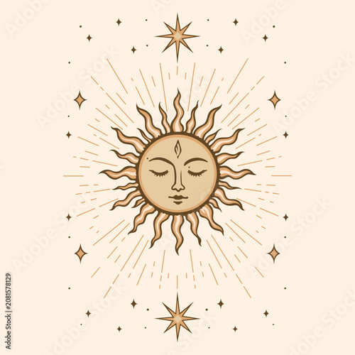 Boho Sonne mit Sternen und Sonnenstrahlen als spirituelle Vektor Illustration