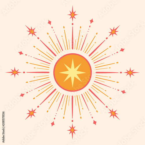 Sommer Sonne mit strahlenden Sonnenstrahlen als Boho Vektor Illustration