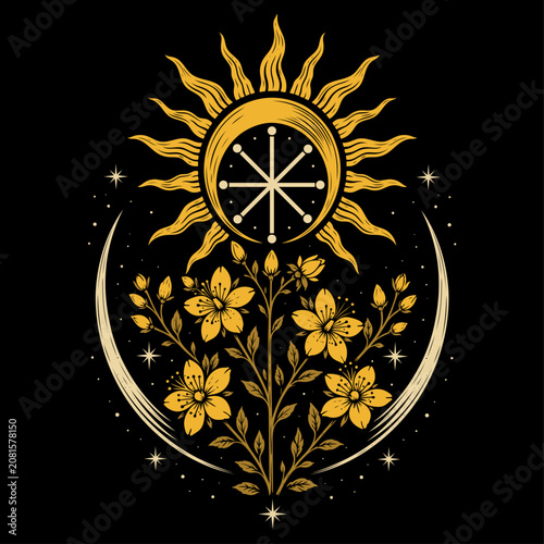 Mittsommer Sonne mit Jahresrad, Mondsichel und Johanniskraut als Litha Vektor Illustration
