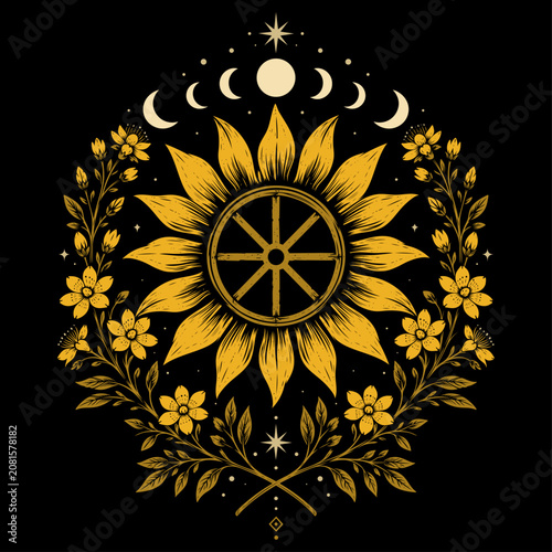Mittsommer Sonnenblume mit Jahresrad und Mondphasen als Litha Vektor Illustration